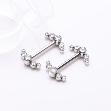 Detail View 1 of A Pair of Implant Grade Titanium Sparkle Ray Internally Threaded Nipple Barbell-Clear Gem